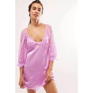 Free People Women's Polka Dot About That Lace Satin Mini Dress Sz S Purple NWOT